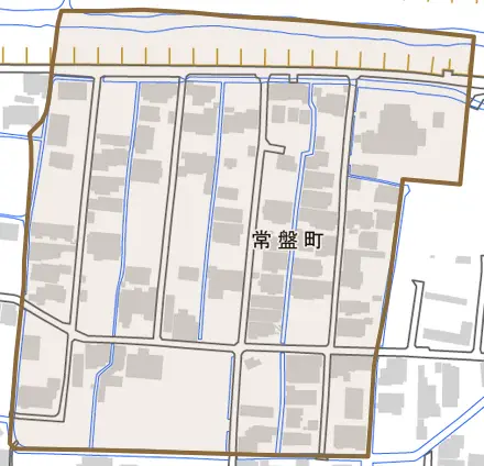 常盤町とその周辺の地図。町の範囲を重ねている