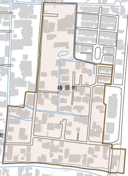 椿原町とその周辺の地図。町の範囲を重ねている