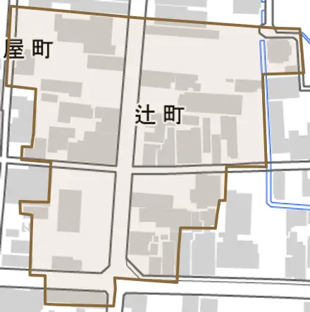 辻町とその周辺の地図。町の範囲を重ねている