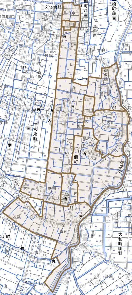 佃町とその周辺の地図。町の範囲を重ねている