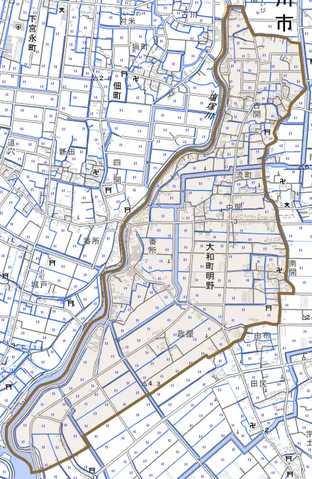 大和町明野とその周辺の地図。町の範囲を重ねている