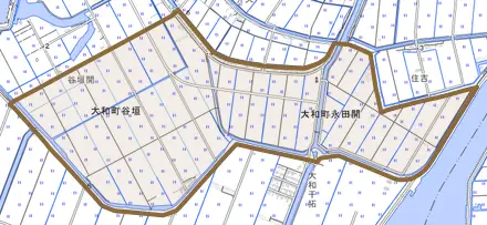 大和町永田開とその周辺の地図。町の範囲を重ねている