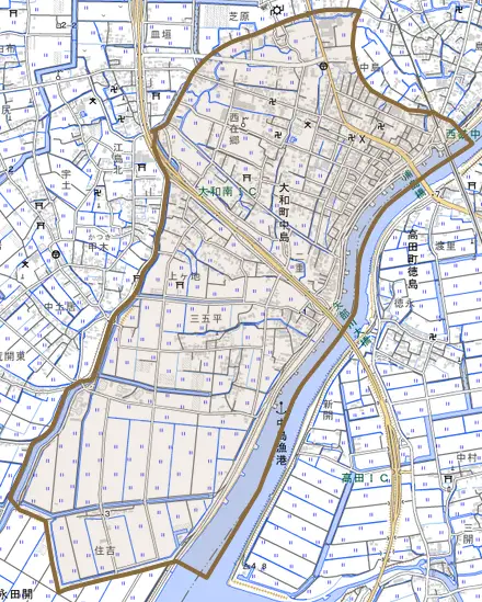 大和町中島とその周辺の地図。町の範囲を重ねている