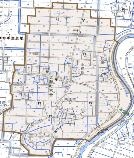 大和町六合とその周辺の地図。町の範囲を重ねている