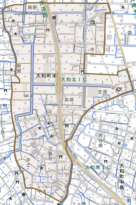 大和町栄とその周辺の地図。町の範囲を重ねている