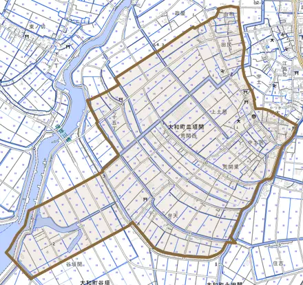 大和町皿垣開とその周辺の地図。町の範囲を重ねている