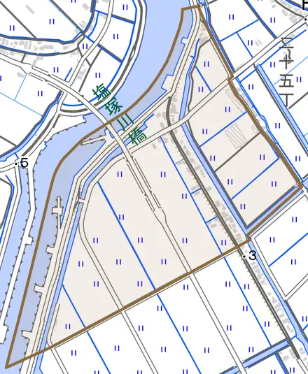 大和町谷垣とその周辺の地図。町の範囲を重ねている