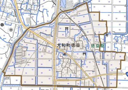 大和町徳益とその周辺の地図。町の範囲を重ねている