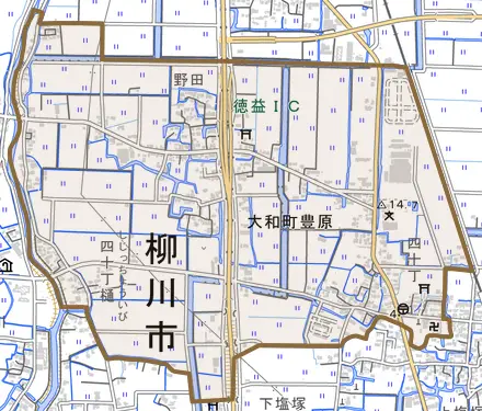 大和町豊原とその周辺の地図。町の範囲を重ねている