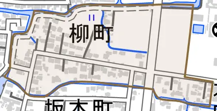 柳町とその周辺の地図。町の範囲を重ねている