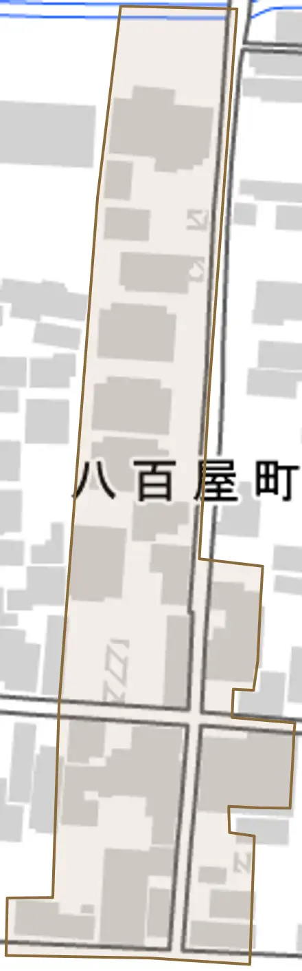 八百屋町とその周辺の地図。町の範囲を重ねている