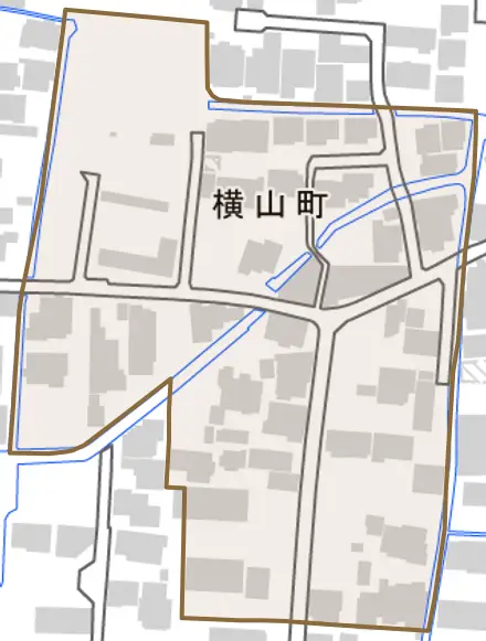 横山町とその周辺の地図。町の範囲を重ねている