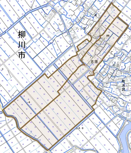 吉原とその周辺の地図。町の範囲を重ねている