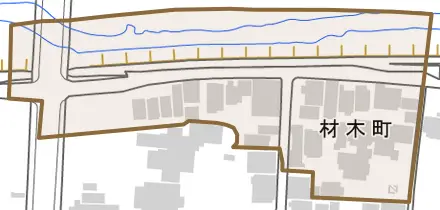 材木町とその周辺の地図。町の範囲を重ねている
