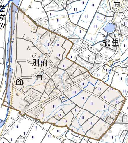 大字別府とその周辺の地図。町の範囲を重ねている