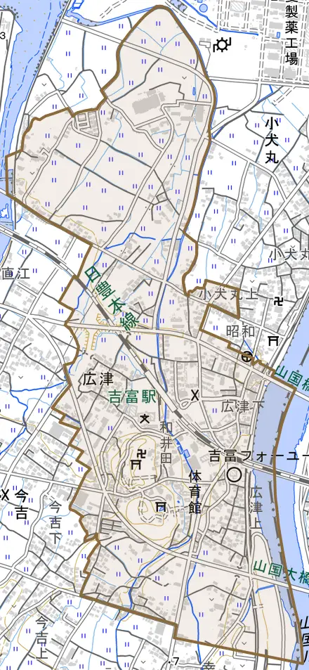大字広津とその周辺の地図。町の範囲を重ねている