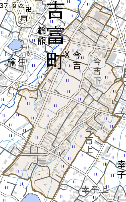 大字今吉とその周辺の地図。町の範囲を重ねている