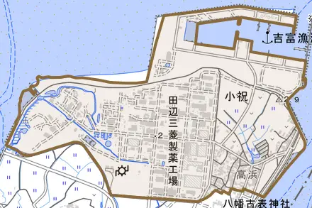 大字小祝とその周辺の地図。町の範囲を重ねている