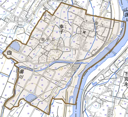 大字幸子とその周辺の地図。町の範囲を重ねている