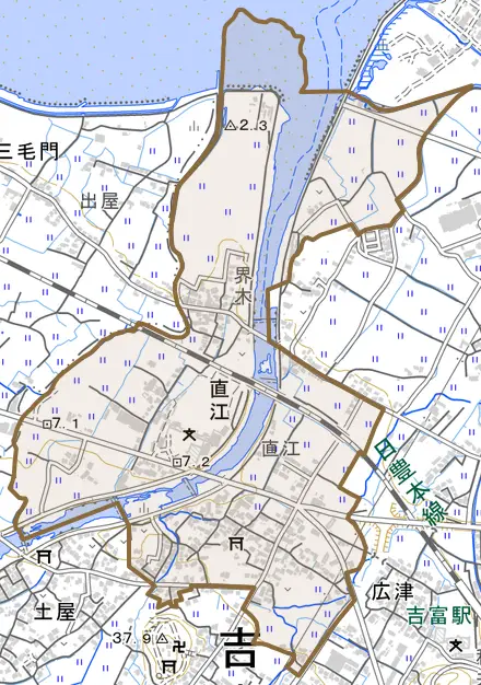 大字直江とその周辺の地図。町の範囲を重ねている