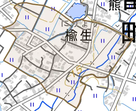 大字楡生とその周辺の地図。町の範囲を重ねている
