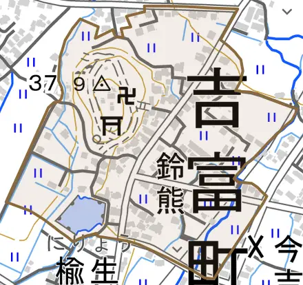 大字鈴熊とその周辺の地図。町の範囲を重ねている