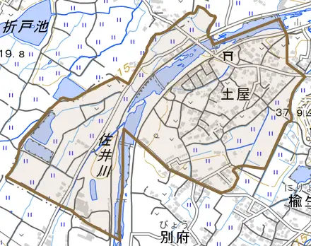 大字土屋とその周辺の地図。町の範囲を重ねている