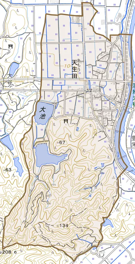 大字天生田とその周辺の地図。町の範囲を重ねている