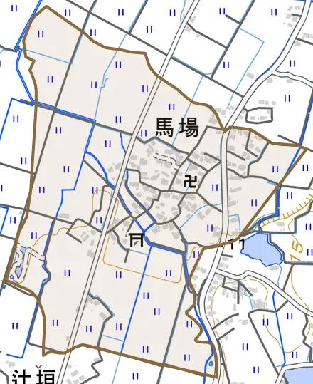 大字馬場とその周辺の地図。町の範囲を重ねている