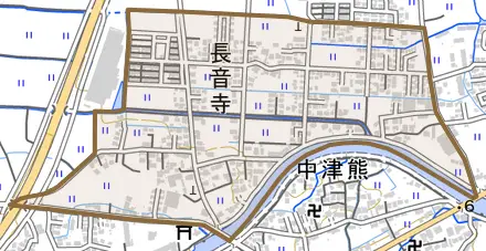 大字長音寺とその周辺の地図。町の範囲を重ねている