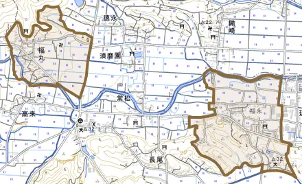 大字福丸とその周辺の地図。町の範囲を重ねている