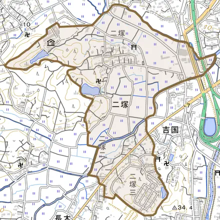 大字二塚とその周辺の地図。町の範囲を重ねている