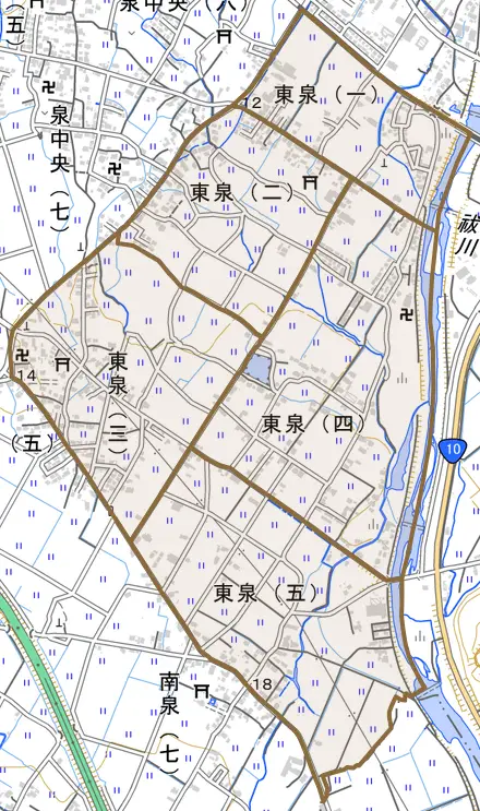 東泉とその周辺の地図。町の範囲を重ねている