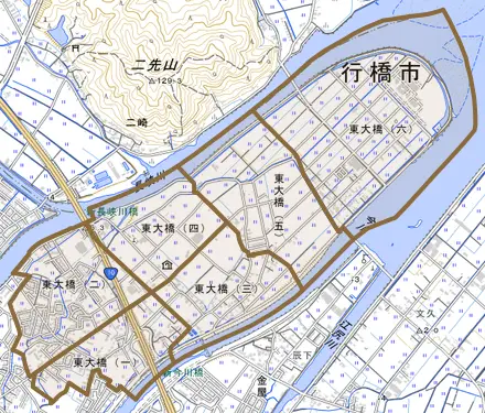 東大橋とその周辺の地図。町の範囲を重ねている