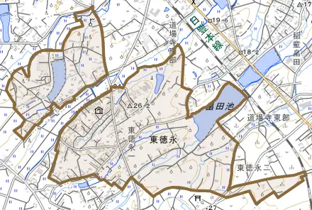 大字東徳永とその周辺の地図。町の範囲を重ねている