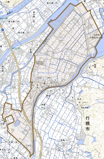 大字今井とその周辺の地図。町の範囲を重ねている