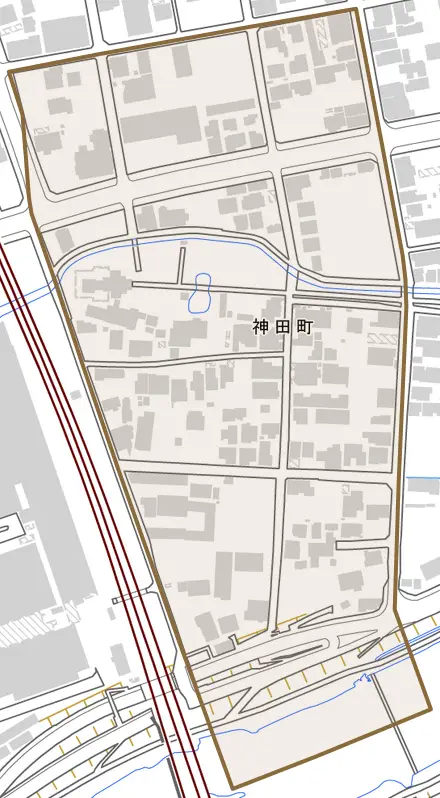 神田町とその周辺の地図。町の範囲を重ねている