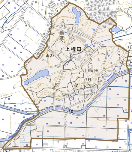 大字上稗田とその周辺の地図。町の範囲を重ねている