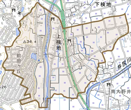 大字上検地とその周辺の地図。町の範囲を重ねている