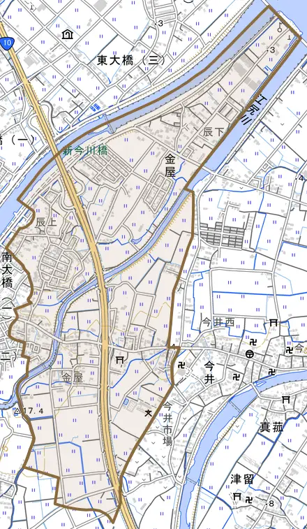 大字金屋とその周辺の地図。町の範囲を重ねている