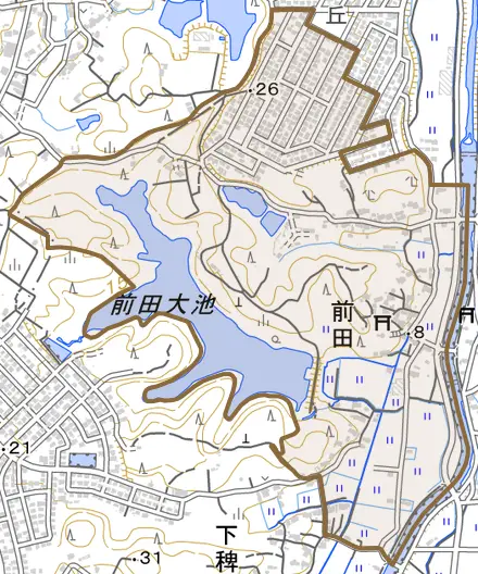 大字前田とその周辺の地図。町の範囲を重ねている