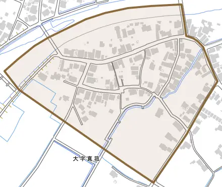 大字真菰とその周辺の地図。町の範囲を重ねている