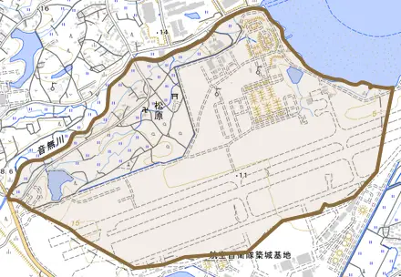 大字松原とその周辺の地図。町の範囲を重ねている