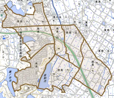 南泉とその周辺の地図。町の範囲を重ねている