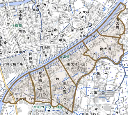 南大橋とその周辺の地図。町の範囲を重ねている