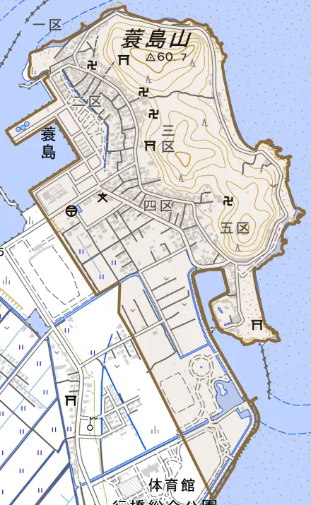 大字蓑島とその周辺の地図。町の範囲を重ねている