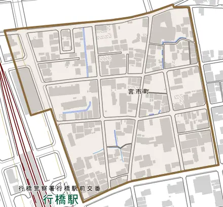 宮市町とその周辺の地図。町の範囲を重ねている