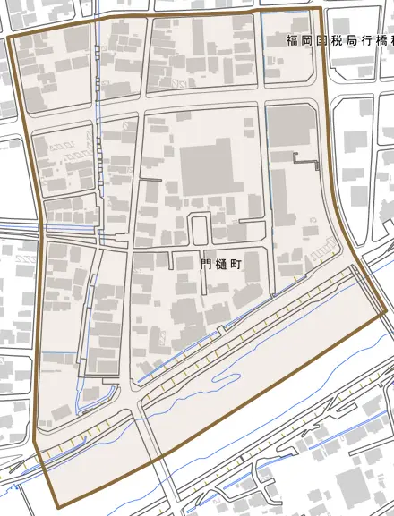 門樋町とその周辺の地図。町の範囲を重ねている