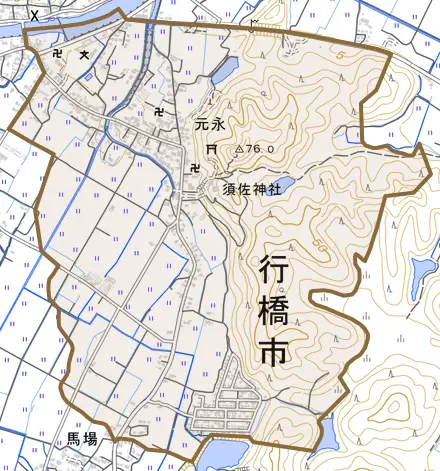 大字元永とその周辺の地図。町の範囲を重ねている
