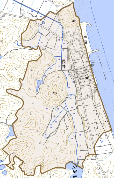 大字長井とその周辺の地図。町の範囲を重ねている